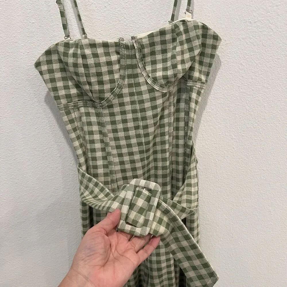 Free People Hold Me Tights Gingham Wide Leg Jumpsuit Green Linen Blend Size XS